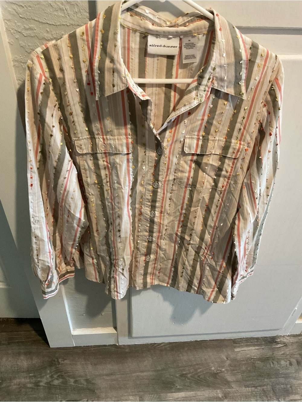 Alfred Dunner Cream Striped Button-Front Shirt with Coral & Olive Accents